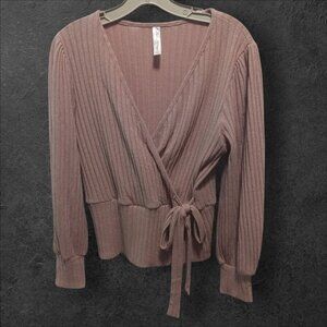 Perseption concept Ribbed faux Wrap  Top color tan XLarge